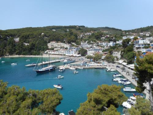 a view of a harbor with boats in the water at Pension Galazios Kolpos in Patitiri