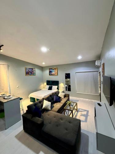 a living room with a couch and a bed at Balcony Open Plan Studio Units -Lekki 1, WI-FI, one with balcony, the other without in Lagos