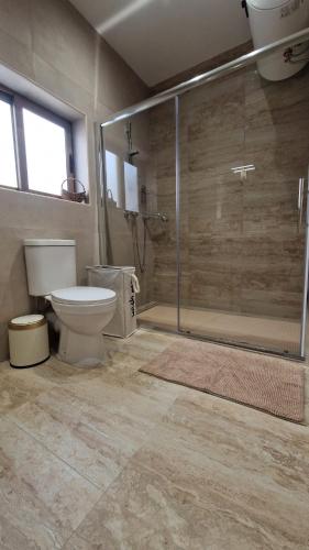 a bathroom with a toilet and a glass shower at Spacious & Sunlit Charm in Malta! in Siġġiewi
