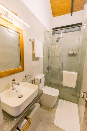a bathroom with a sink and a toilet and a shower at Chaza Oddington in Lindula