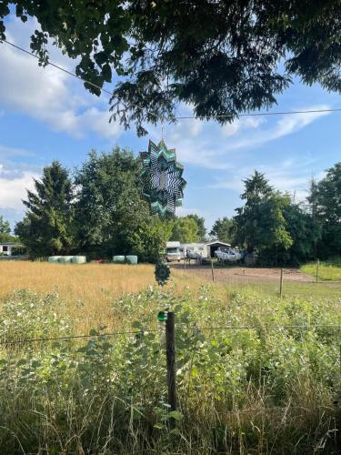 a large clock in a field of grass at Ibiza chalet in natuurlijke omgeving in Bergen op Zoom