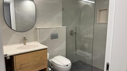 a bathroom with a shower and a toilet and a sink at Tzuba Hotel in Ẕova