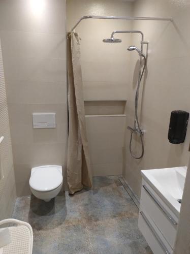 a bathroom with a toilet and a shower and a sink at Przytulne i ciepłe mieszkanie w spokojnej dzielnicy Opola in Opole