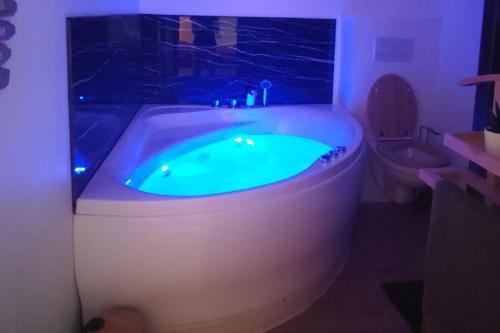 a bathroom with a large tub with a green water at T2 balnéothérapie, jardin, parking, tram, boulodrome in Blagnac
