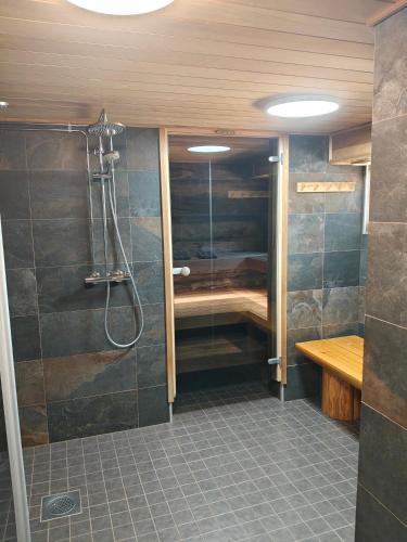 a bathroom with a shower with a sink and a toilet at Villa Lilja in Muurame