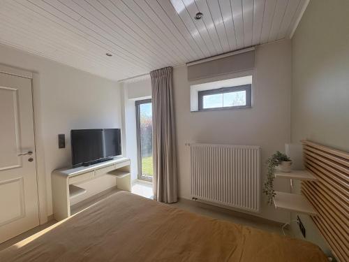 a room with a bed and a tv and a window at Bed en Natuur Puur in Herselt