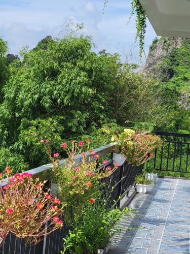 a garden with flowers on a walkway at Tam Coc Gold Smile Homestay in Vũ Lâm