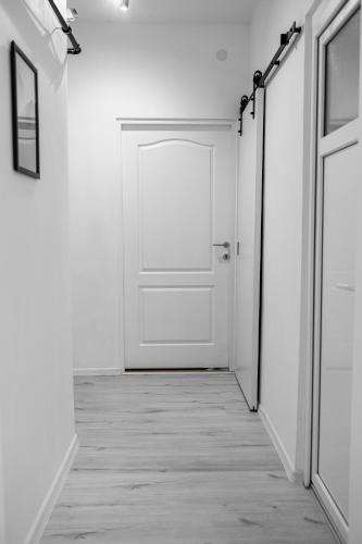 an empty hallway with a white door and a floor at Forest Edge Retreat in Lupeni