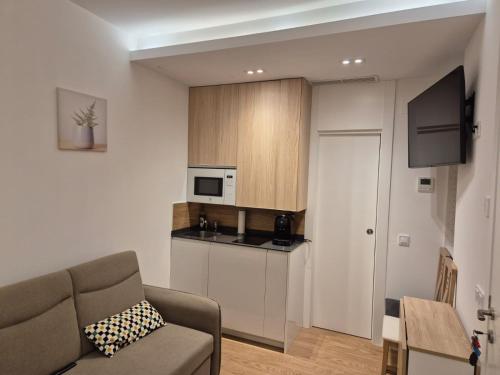 ein Wohnzimmer mit Couch und Küche in der Unterkunft Suits recién reformadas Marqués de Vadillo in Madrid