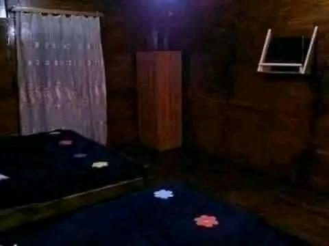 Cette chambre sombre comprend un lit et une fenêtre. dans l'établissement Home in Racha, à Oni