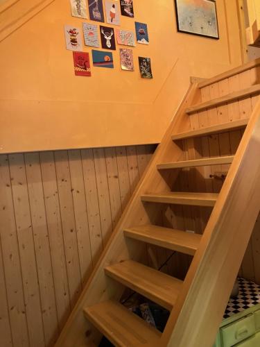 a staircase in a basement with wooden shelves at Dachwohnung Walensee in Murg