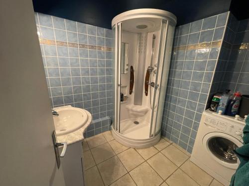 a bathroom with a shower and a toilet and a sink at Appartement première ligne in Collioure