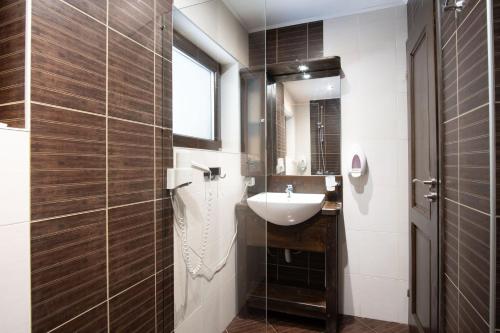a bathroom with a sink and a mirror at Borche Family Homes in Pamporovo