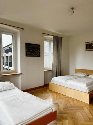 two beds in a room with two windows at Charmante Villa mit Seeblick in Seengen