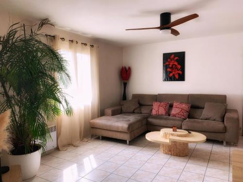 un salon avec un canapé et une table dans l'établissement Maison paisible avec jardin, terrasse privée, proche du lac de Sanguinet, à Sanguinet