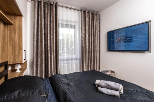 a bedroom with a bed and a flat screen tv at Modern Nest in Zamość