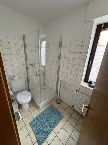 a bathroom with a shower and a toilet and a rug at Ferienwohnung im Lipperland in Bad Salzuflen