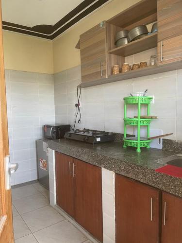 una cucina con un piano di lavoro con un oggetto verde sopra di Greyline One Br with an Extra bed Bamburi a Mombasa