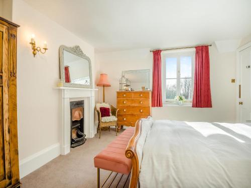 a bedroom with a bed and a fireplace and a mirror at Barleycombe in Loxton