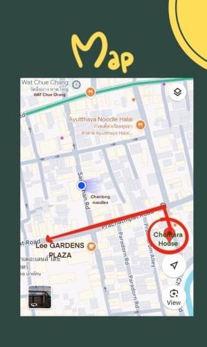 a map of a city with a red line at Choltara house in Hat Yai
