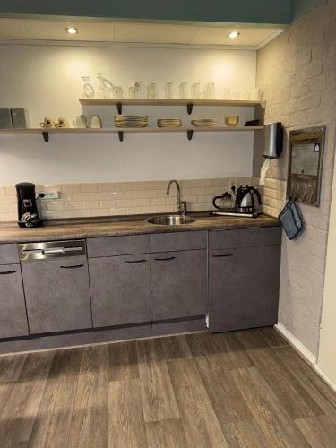 a kitchen with a sink and a counter at Ferienhaus in Stavenisse mit Garten, Whirlpool und gemeinsamem Pool in Stavenisse