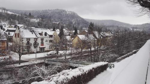 ラ・ブルブールにあるGite le Buronの橋と建物がある雪に覆われた村