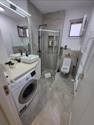 a bathroom with a washing machine and a shower at Vestiq ARAD in Arad