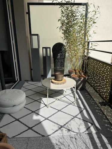 a table with a potted plant on a balcony at Malakoff - 3 pièces avec terrasse in Malakoff