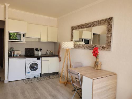 - une cuisine avec une table, un évier et un lave-linge dans l'établissement La Madrague, à Saint-Laurent-du-Var
