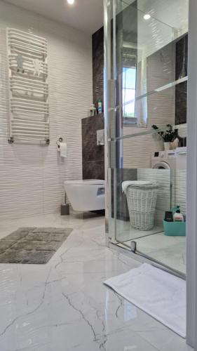 a bathroom with a shower and a sink and a tub at Apartament w Krzesznej in Krzeszna