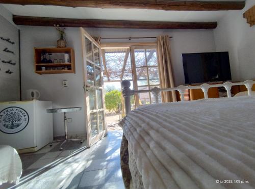 a bedroom with a bed and a large window at La Vieja Finca in Ciudad Lujan de Cuyo