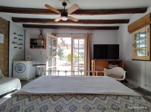a bedroom with a ceiling fan and a television at La Vieja Finca in Ciudad Lujan de Cuyo
