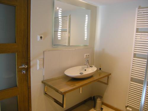 un bagno con lavandino e specchio di Ferienwohnungen Alte Schmiede a Wangen im Allgäu