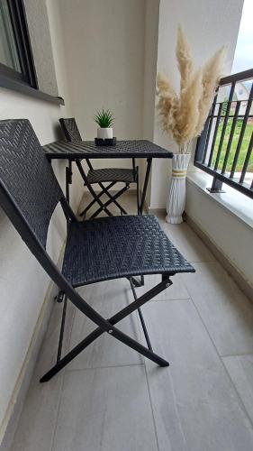 a black chair and table in a room with a window at Apartman Stoiljkovic Vrnjacka Banja in Vrnjci