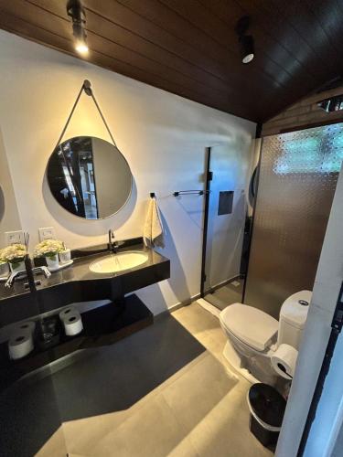 a bathroom with a sink and a toilet and a mirror at Celeiro Herzland in Pomerode