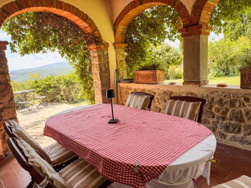 a table with a red and white checkered table cloth at Ferienwohnung Fortuna del Lupo mit Pool und Aussicht in Subbiano