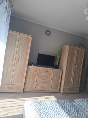 a group of wooden cabinets in a room with a tv at Studio Niebieskie in Wałbrzych