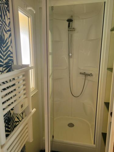 una ducha con puerta de cristal en un baño en Domaine de Kermario, en Carnac