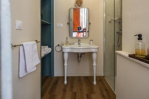 a bathroom with a white sink and a mirror at La Chapelle sur la Sorgue in LʼIsle-sur-la-Sorgue