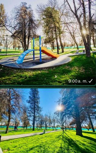 two pictures of a playground in a park at Condominio Atuel con Cocina Wifi Cochera Desayuno in San Rafael