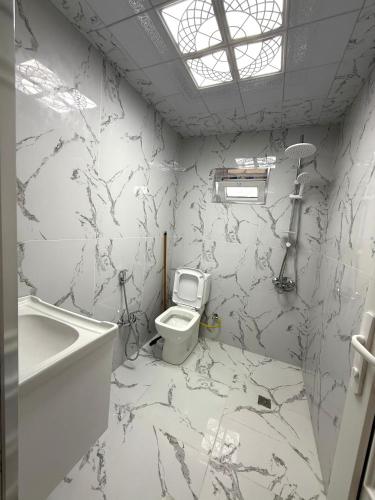a white bathroom with a toilet and a sink at Samall new villa FRHD in Gabala