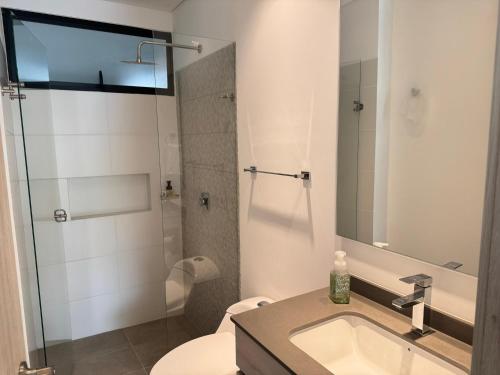 Un baño con inodoro, lavabo y ducha. en Apartasuite 206, en Armenia