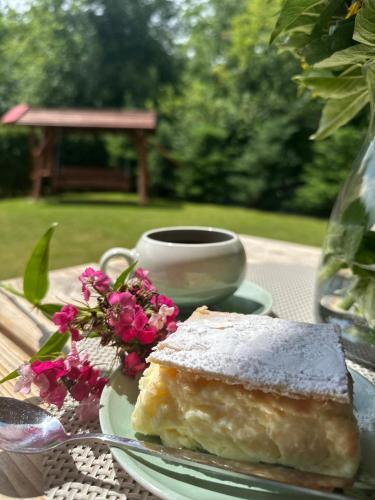 une assiette avec un morceau de gâteau et une tasse de café dans l'établissement Osada nad potokiem, à Kościelisko