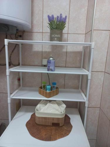 a white shelf in a bathroom with a plant on it at ILIEVSKI apartment 8 in Kumanovo