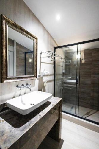 a bathroom with a sink and a shower at Galata Fil Hotel in Istanbul