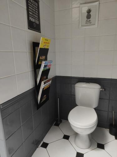 a bathroom with a toilet and magazines on the wall at La Mirabelle des 3 Forêts in Bricon