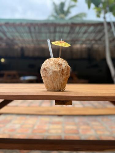 a coconut sitting on top of a wooden table with an umbrella at Viva O Sonho 