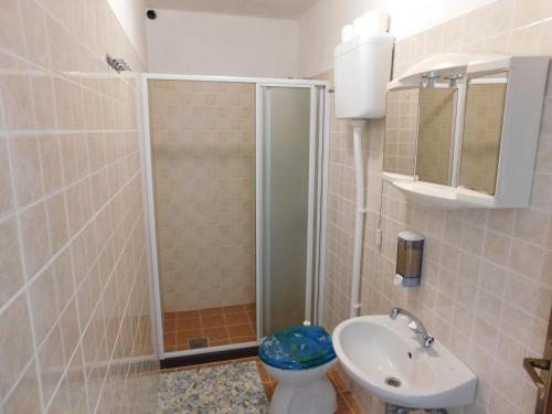 a bathroom with a shower and a toilet and a sink at Apartments Kalafatović in Drače