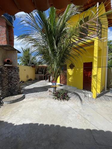 a palm tree in front of a yellow building at Sertão beach in Tutóia