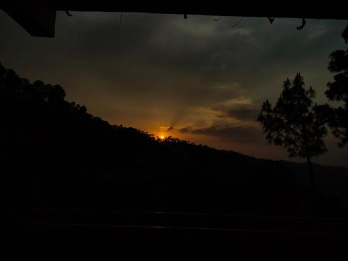 a sunset over a hill with a tree in the foreground at A Greenwoods Hotel in Solan